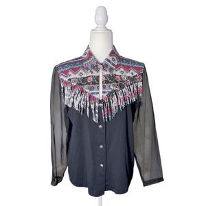 Ozark Mountain Jean Co Western Fringe Shirt Black Sheer Sleeves Button-Up M